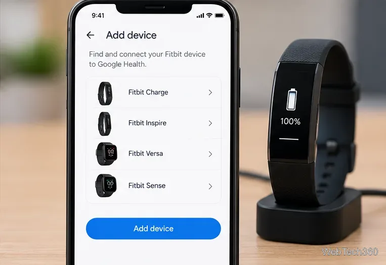 ภาพประกอบหน้าจอเพิ่มอุปกรณ์ใน Google Health วางอยู่ข้างๆ เครื่องติดตาม Fitbit ที่ชาร์จเต็มแล้ว