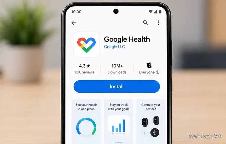 ภาพประกอบโทรศัพท์แสดงแอป Google Health ที่พร้อมติดตั้ง