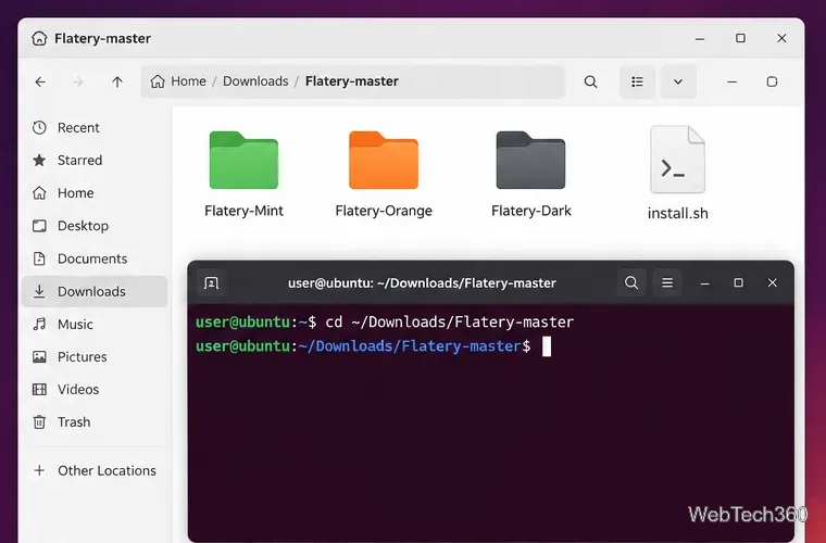 Extracted Flatery folders and install.sh shown in a Linux file manager beside a terminal