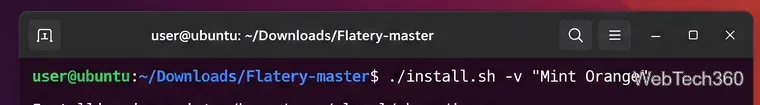 Linux terminal showing the Flatery install.sh command with Mint and Orange variants selected