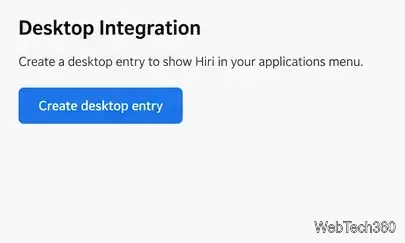 Hiri settings panel with the Create desktop entry button