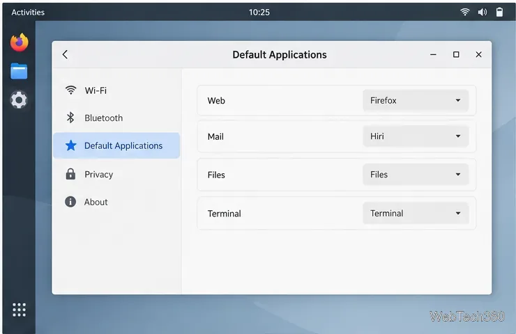 Linux Default Applications settings with Hiri selected for Mail