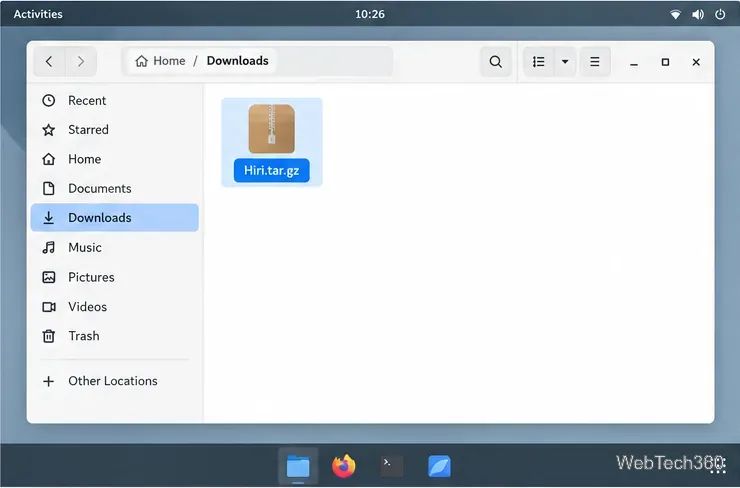 Hiri.tar.gz selected in a Linux file manager’s Downloads folder