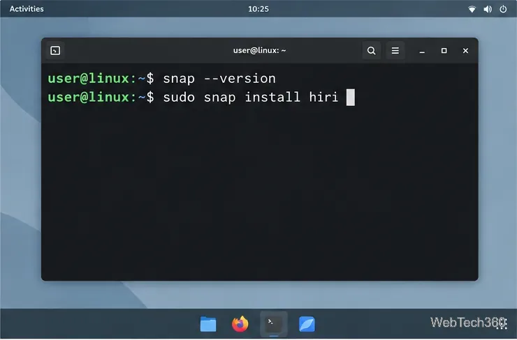 Linux terminal commands for checking the Snap version and installing Hiri