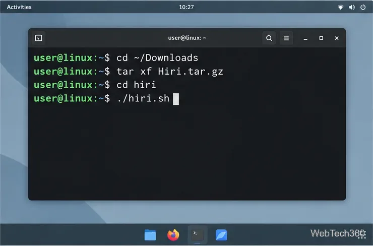Terminal commands to extract Hiri.tar.gz and run the Hiri startup script