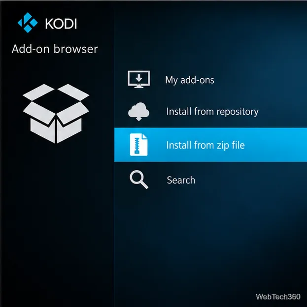 Дополнение Kodi для браузера с выделенной опцией "Установить из zip-файла".
