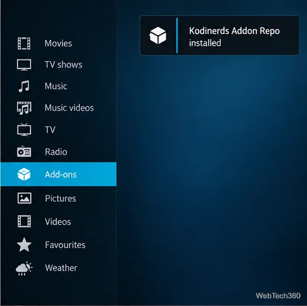 Экран дополнений Kodi с уведомлением об установке репозитория дополнений Kodinerds.