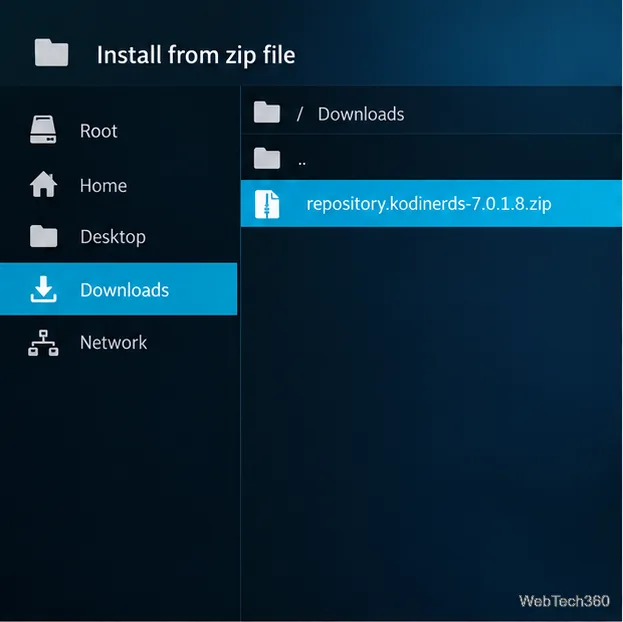 В меню "Загрузки" программы выбора файлов Kodi выбран файл repository.kodinerds-7.0.1.8.zip.
