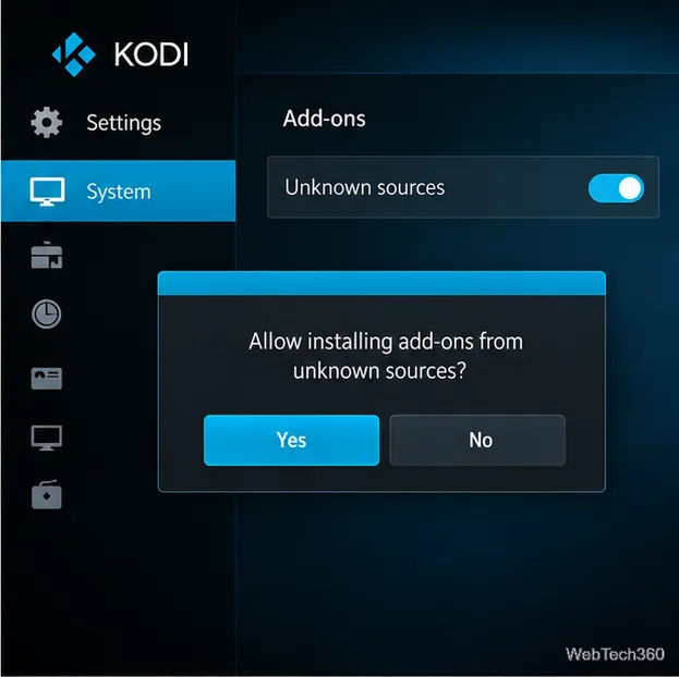 Настройки системного дополнения Kodi с переключателем «Неизвестные источники» и диалоговым окном подтверждения.