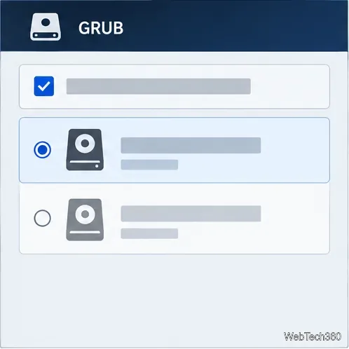 Un ecran de configurare GRUB cu instalarea activată și o unitate de sistem selectată.