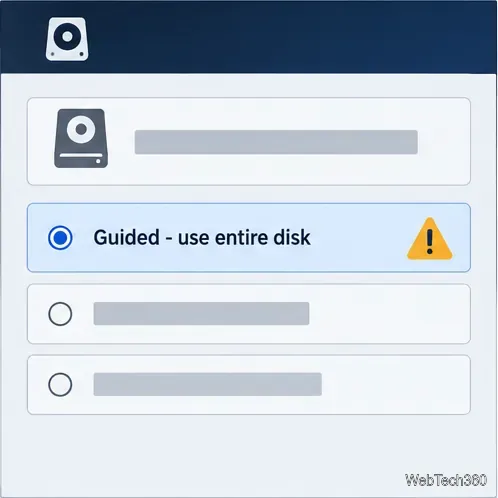 O pagină de configurare a discului cu opțiunea Ghidat - se utilizează întregul disc selectată și o pictogramă de avertizare.