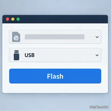 Un utilitar USB de imagistică cu o sursă ISO, o țintă USB și un buton Flash.