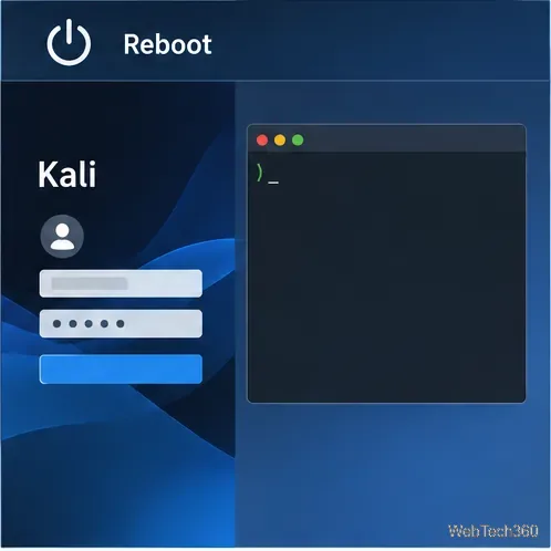 Un ecran de conectare Kali lângă un terminal deschis, gata pentru actualizările inițiale ale sistemului.