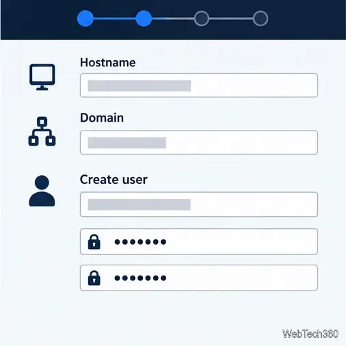 O pagină de cont de instalare care afișează câmpurile pentru numele de gazdă, domeniul opțional, numele de utilizator și parola.