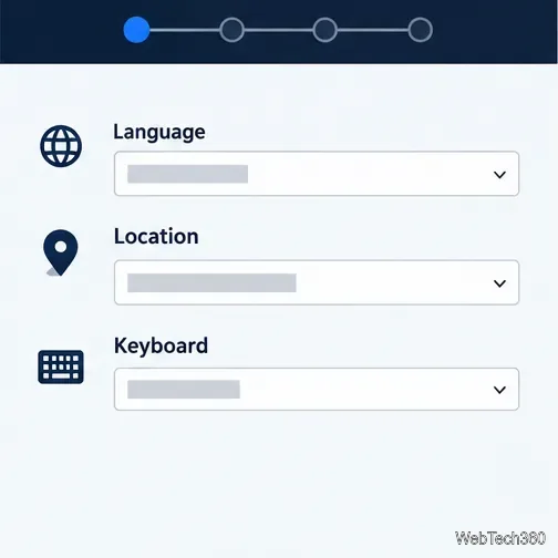 Un ecran de instalare cu selectoare pentru limbă, locație și tastatură.