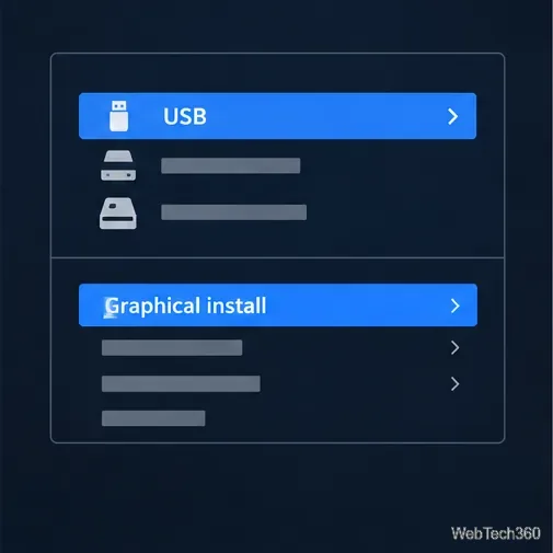 Un meniu de boot întunecat cu USB selectat și Instalare grafică evidențiată.