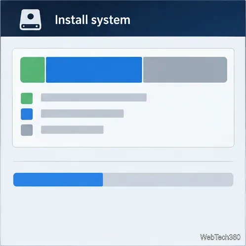 O previzualizare a aspectului partiției deasupra unei bare de progres a instalării sistemului parțial umplute.