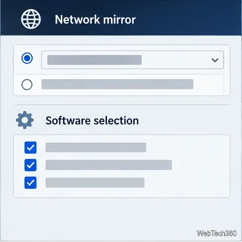 Oglinda de rețea și panourile de selectare a software-ului cu opțiunile recomandate bifate.