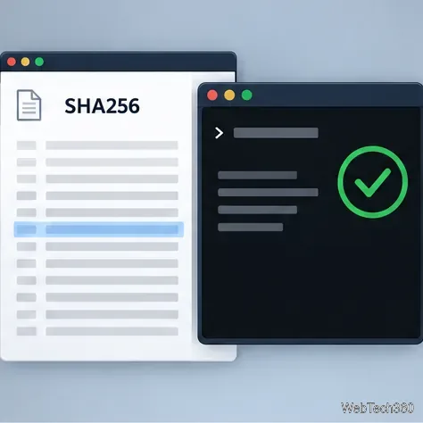 Un manifest SHA256 și un panou de terminal cu o bifă verde care indică o sumă de control corespondentă.
