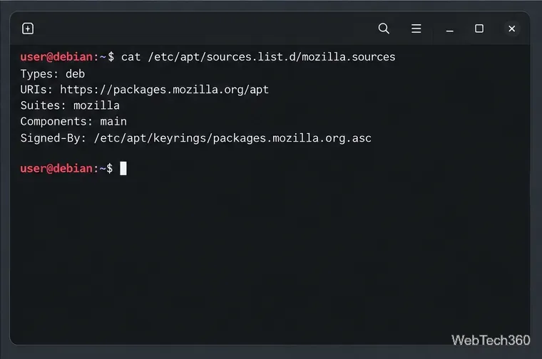 يعرض طرفية Debian مدخل Mozilla APT .sources الخاص بمجموعة برامج Mozilla.