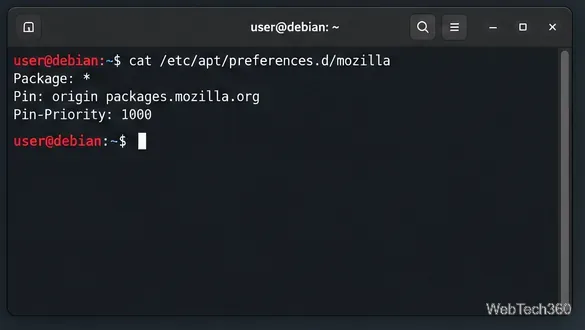 يعرض الطرفية تفضيلات APT التي تثبت packages.mozilla.org على الأولوية 1000.
