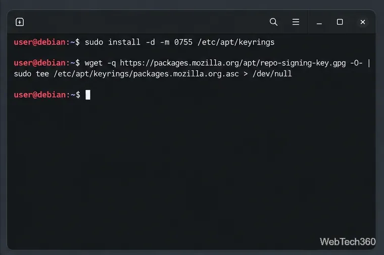 تقوم أوامر الطرفية بإنشاء دليل سلسلة مفاتيح APT وتنزيل مفتاح توقيع مستودع Mozilla.