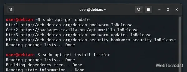 طرفية ديبيان مع أوامر apt-get update و apt-get install firefox.