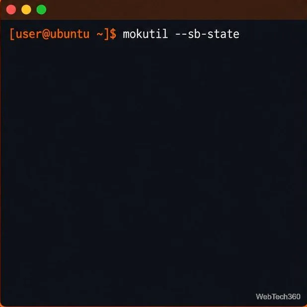 Um terminal Linux exibe o comando mokutil --sb-state para verificar o status da Inicialização Segura (Secure Boot).
