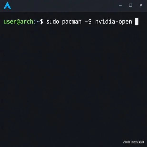 Terminal do Arch Linux mostrando o pacman instalando o pacote de driver nvidia-open.