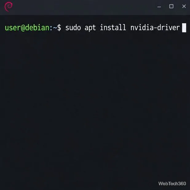 Terminal Debian mostrando o comando apt para instalar o pacote nvidia-driver.