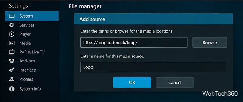В диалоговом окне «Добавить источник» Kodi указывается адрес https://loopaddon.uk/loop/ и имя источника Loop.