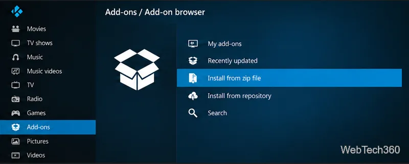 Дополнение для браузера Kodi с выбранной опцией "Установить из zip-файла".