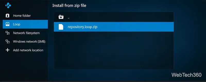 В Kodi открылся ZIP-файл в редакторе, и выбран файл repository.loop.zip.