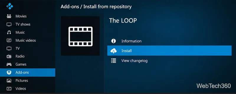 На странице с информацией о дополнении The LOOP в Kodi выделена опция «Установить».