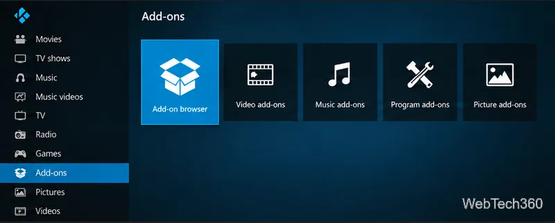 Экран дополнений Kodi с выбранным значком браузера дополнений.