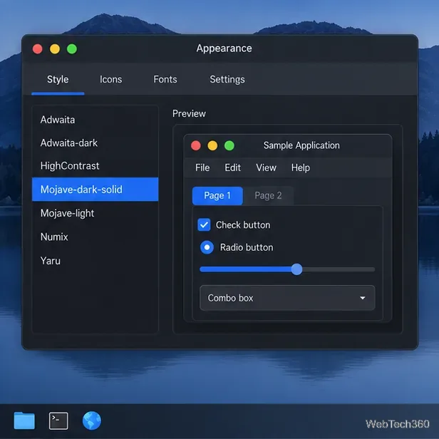 Panneau Style d'apparence Xfce avec Mojave-dark-solid sélectionné et un aperçu d'application sombre.