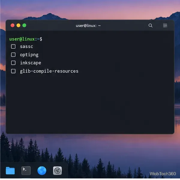 Terminal sombre affichant une courte liste de contrôle des ressources sassc, optipng, inkscape et glib-compile-resources.