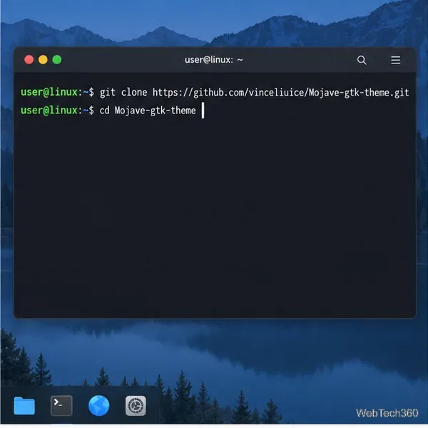 Terminal Linux affichant la commande Git clone pour le thème GTK Mojave et la commande permettant d'accéder à son dossier.