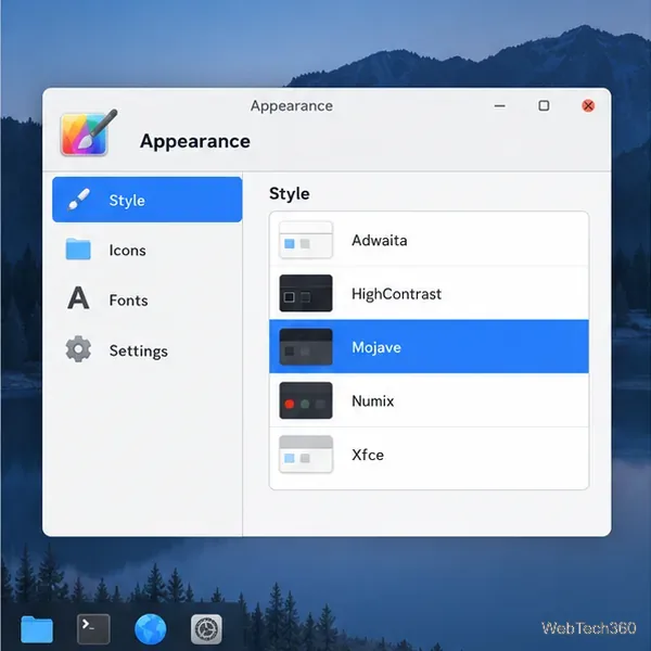 Fenêtre d'apparence Xfce avec Mojave listé parmi les styles GTK disponibles.
