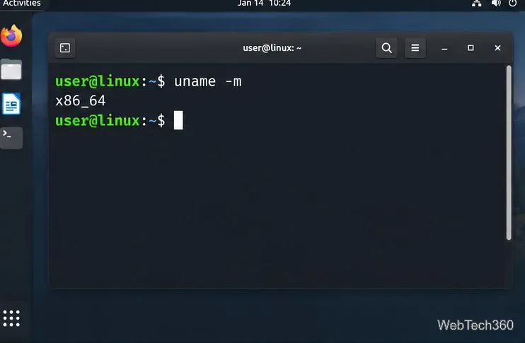 Un terminal Linux affichant la commande uname -m renvoyant x86_64