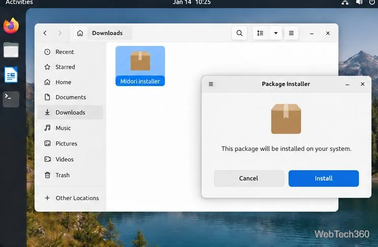 Boîte de dialogue générique d'installation de paquet Linux pour un installateur Midori téléchargé