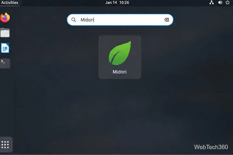 La recherche d'applications Linux affiche Midori comme une application de bureau pouvant être lancée.