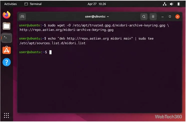 Commandes du terminal permettant d'ajouter la source APT et la clé de signature de Midori