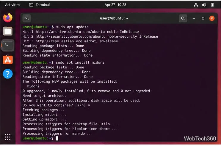 Un terminal Ubuntu affichant la commande `apt update` suivie de `apt install midori`