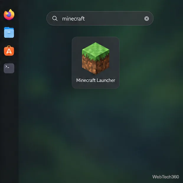 Illustration d'une recherche d'applications Linux affichant la tuile du lanceur Minecraft