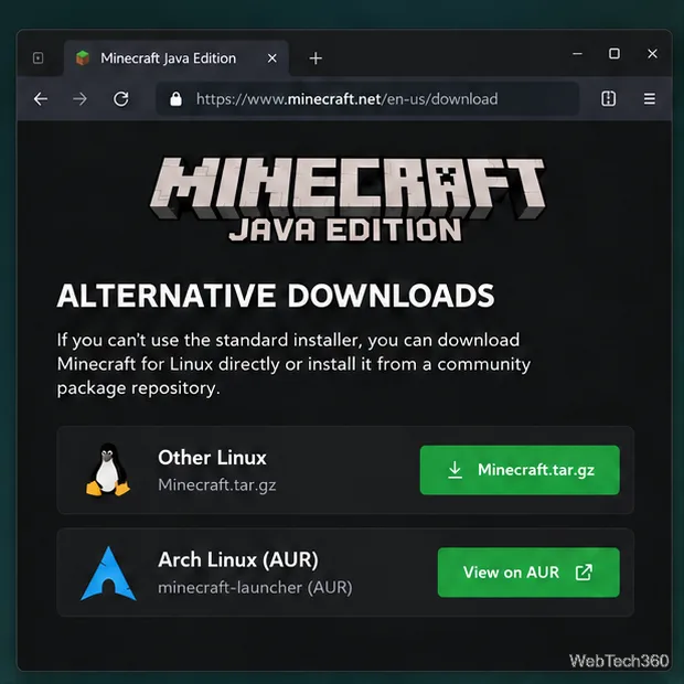 Illustration des téléchargements alternatifs de Minecraft mettant en évidence les options Other Linux tar.gz et Arch AUR