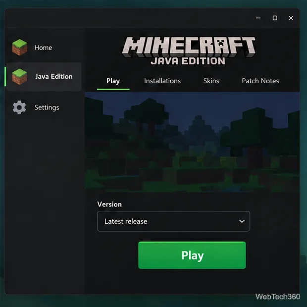 Illustration de l'écran du lanceur Minecraft Java Edition avec un sélecteur de version et un bouton Jouer