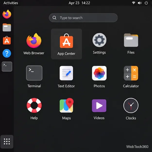 Un lanceur d'applications Linux met en évidence l'icône App Center parmi les applications de bureau.