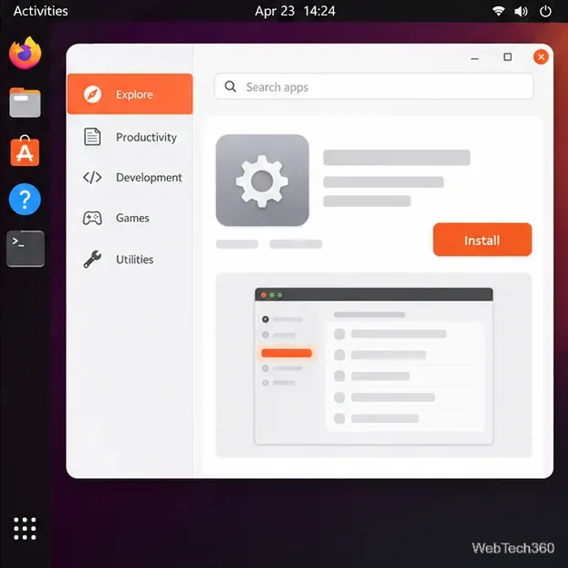 Une boutique de logiciels affiche une page de détails d'application avec un champ de recherche et un bouton Installer