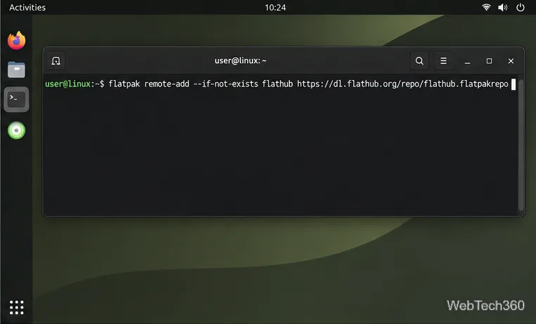 A Linux terminal with the command to add Flathub as a Flatpak remote.